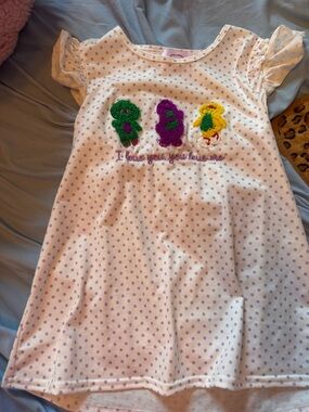 Barney Girls Polka Dot Ruffle Sleeve Dress with Colorful Appliqués